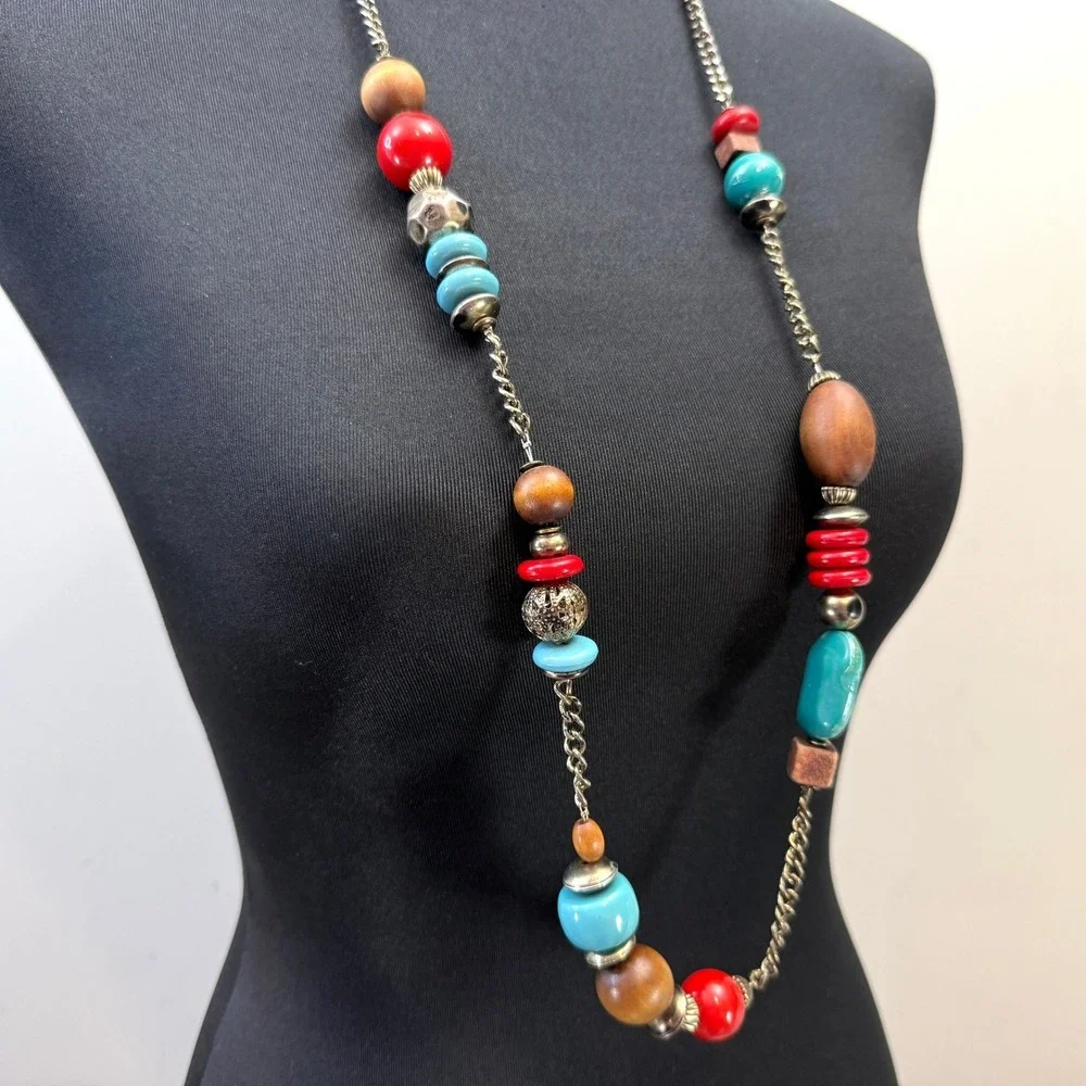 Long Boho Wood Beaded Necklace Acrylic Turquoise Accents Fashion Jewelry 19 in L